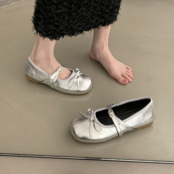 Silver Mary Jane Women's Shoes French Beautiful Single Shoes With Skirt Ballet Thin Small Leather Shoes_vogvips.com