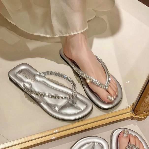 Rhinestone For Women, 2026 New Summer French-style Flat Beach Shoes, High-end Thong Sandals_vogvips.com