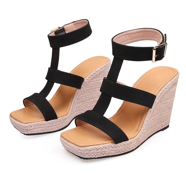 Women's Shoes New Summer Wedge Thick Soled High Heeled One Strap Sandals With Buckles Rope And Straw Woven Sole Large Size Shoes_vogvips.com