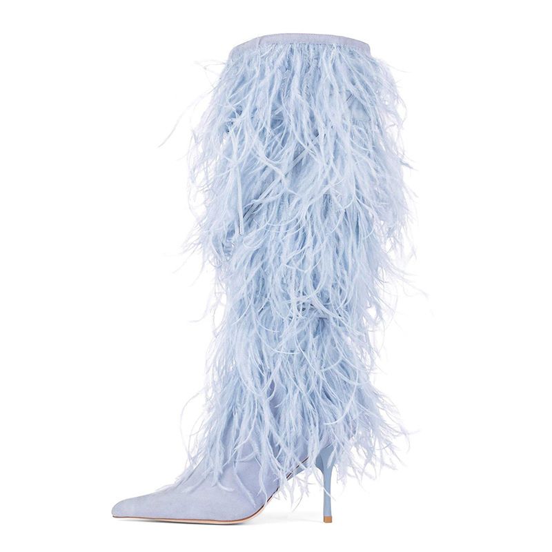 Women's Pointed Toe Stiletto Over The Knee Boots With Ostrich Feather Trim - Elegant High Heel Thigh High Boots For Women_vogvips.com