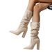 Women's Chunky Heel Suede Stretch Fashion Boots - Roman Style Pointed Toe, Winter & Autumn Mid-Calf Boots For Ladies (Sizes 35-42, Black/Red/Beige)_vogvips.com