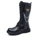 Rock Long Boots, Tall Men's Leather Boots, Skull Iron Chain Lace-Up Cowboy Boots, Thick-Soled Trendy Stage Martin Boots_vogvips.com