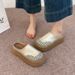 New Summer Women Ladies Stylish Perforated Woven Chunky Platform Mule Clogs Round Toe Non Slip Casual Slide Slippres_vogvips.com