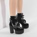 Gothic Lace-Up Ankle Boots With Chunky Heel, Side Zipper, And Floral Embroidery - Round Toe, Suede & Faux Leather, Black & White Contrast_vogvips.com
