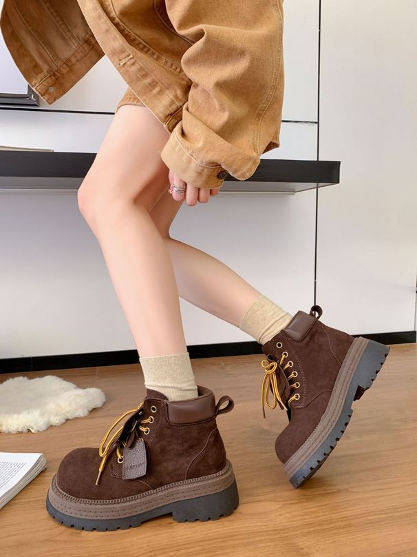 All-Season Wearable Yellow 2025 Autumn Winter Mid-Heel Cowhide Thick Sole Martin Women's Internet Celebrity Lace-Up_vogvips.com