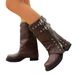 Chunky Heel Square Toe Mid-Calf Boots For Women - Belt Buckle Motorcycle Riding Boots With PU Upper & Rubber Sole_vogvips.com