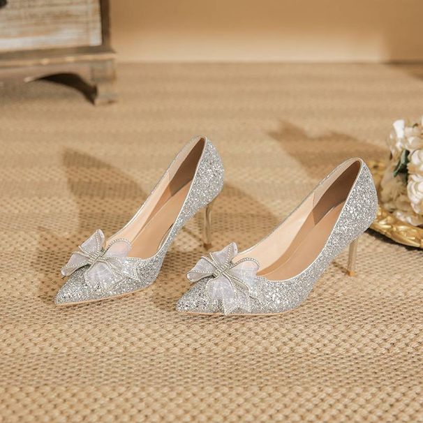 Women's Shoes Wedding Shoes High Heels Women's Stiletto Sequins Fashionable Bow Champagne Color Ladies Single Shoes French Temperament Single Shoes_vogvips.com