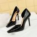 3287-3 Style Patent Leather Stone Pattern Shallow Cut Side Hollow Square Toe Single Shoe High Heels Women's Shoes_vogvips.com