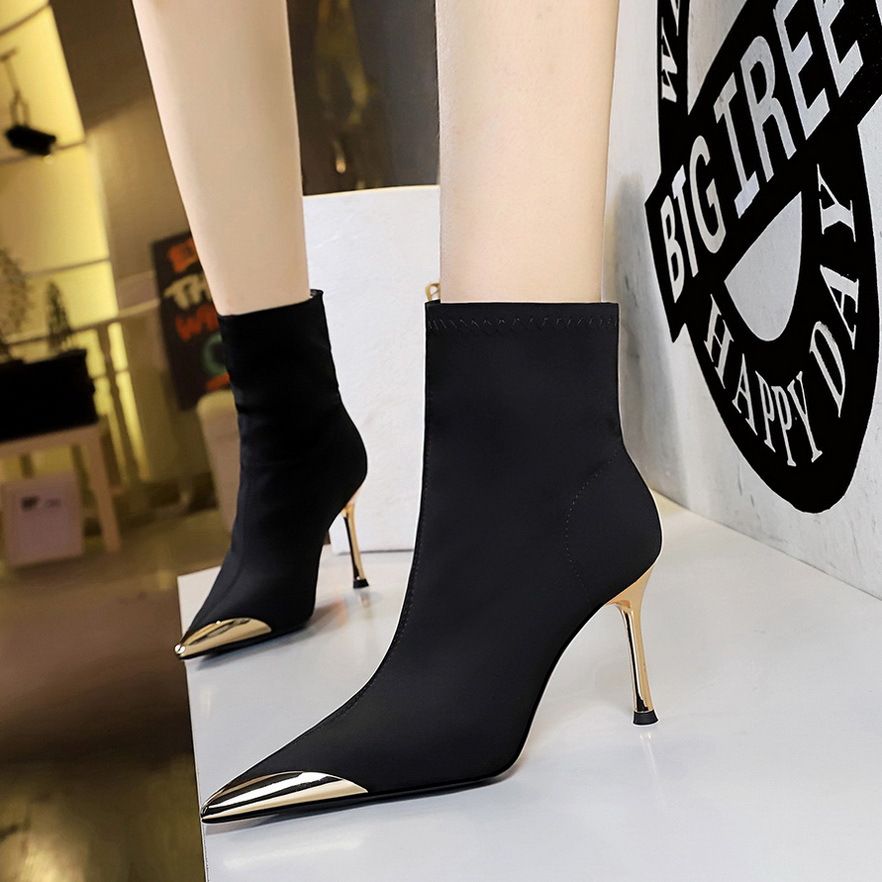 Elegant Stiletto Ankle Boots For Women - Stretch Lycra Pointed Toe With Metallic Accents, High Heel (8cm+), Fashionable Party Boots For Fall & Winter_vogvips.com