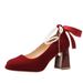 Women's Autumn New Square-Toe Bridal Shoes - Red Suede Mary Jane Pumps With Bow & Pearl Accents (Low Block Heel)_vogvips.com