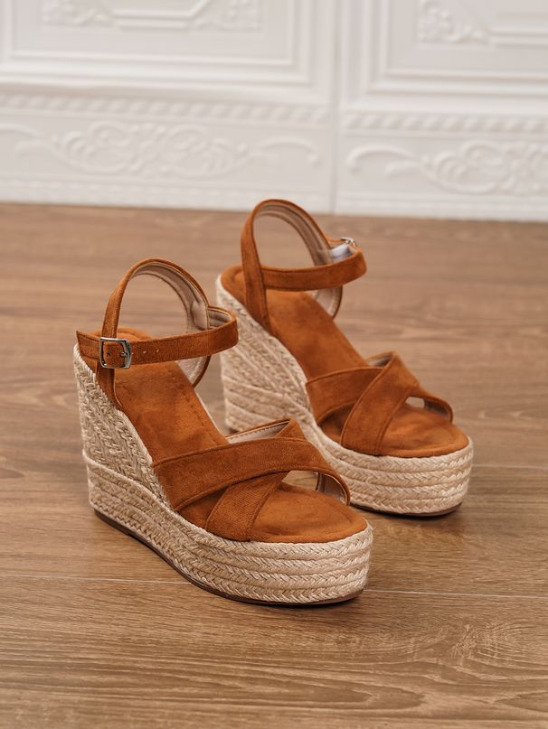 Women's Wedge Heel Rope Sandals Straw Woven Cross Border Style Thick Sole Non Slip Waterproof Height Increasing Slimming Suede_vogvips.com