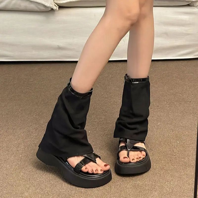 spring And Summer Sandals Female Thick Bottom Heightening Pants Tube Niche Clip On Retro Sandal Short Boots 250625_vogvips.com