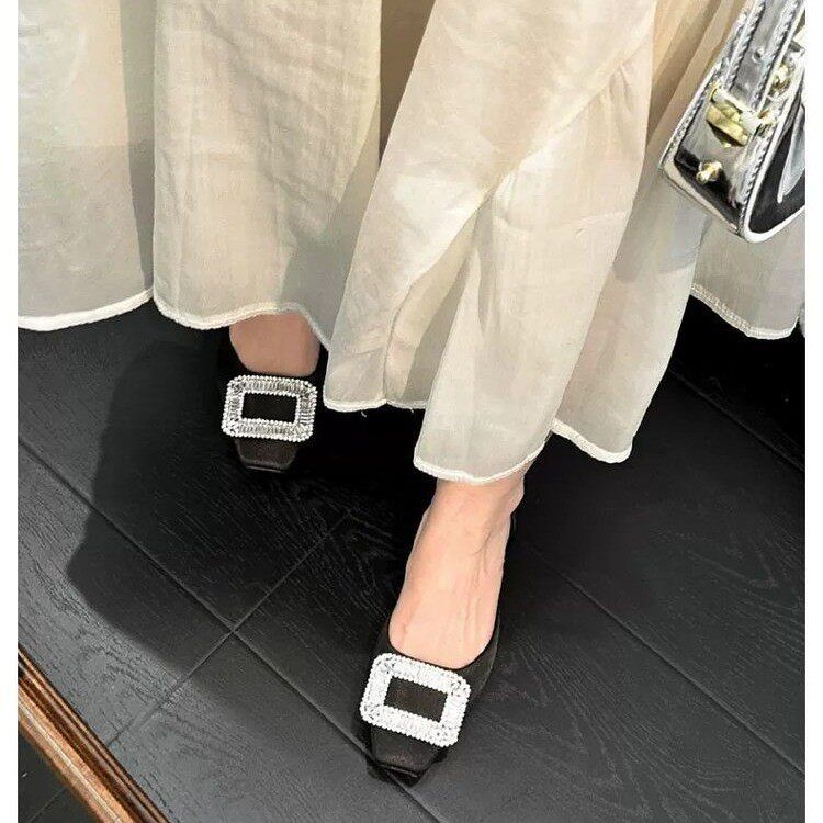 Women's Mary Jane Shoes 6CM Internal Height Increase, 2026 New Model, Satin With Rhinestone Buckle, Square Toe,_vogvips.com