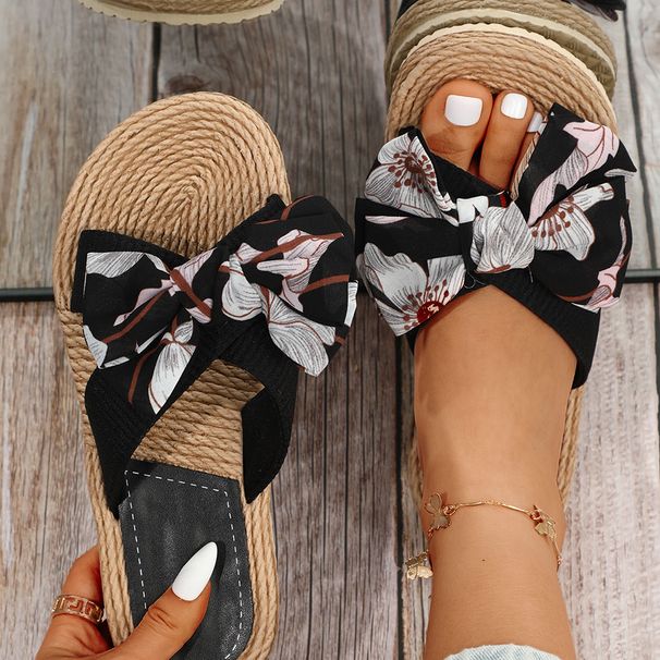 Women's Shoes INS Handmade One Word Rope Straw Woven Four Seasons New Outdoor Stitching Bow Flat Heel Slippers For Outdoor Wear_vogvips.com