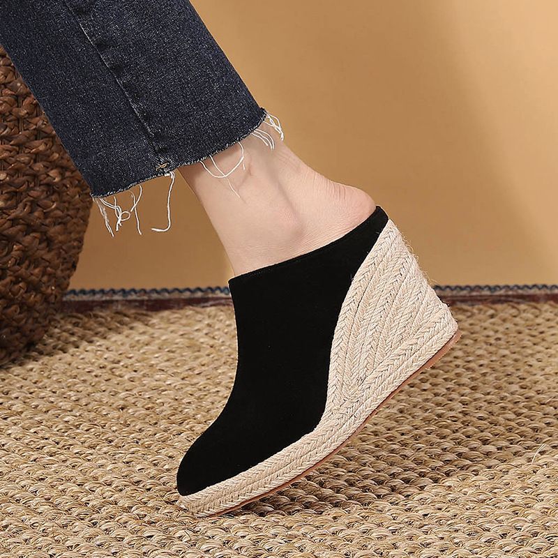 new Spring Autumn Pointed-toe Wedge-heeled Thick-soled High-heeled Mules For Women, With Open Back And_vogvips.com
