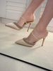 YX2026 New Rhinestone French High Heels Women's Stiletto Pointed Head Shallow Mouth Half Drag One Word With Satin Bag Head Sandals_vogvips.com