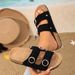 Women's Youth Mules New Spring/Summer Retro Casual Slip-On Shoes Pu Upper Double-Strap Half-Slipper Flat Slippers With Round Buckle Adjustable Strap_vogvips.com
