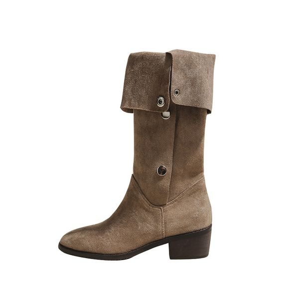 Western Slouch 2023 Summer High Tube Chunky Heel Square Toe Pleated Denim Over-the-Knee Suede Long Boots_vogvips.com