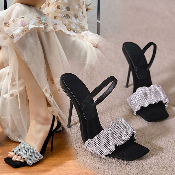 Rhinestone High One-Strap Heel Summer New Sandals For Women Small Size Square Toe Elegant Hollow Shoes_vogvips.com