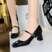 5292 Wind Thick Heel Shallow Mouth Splicing Square Head Water Diamond Buckle Strap Single Shoe Spring And Autumn Women's_vogvips.com
