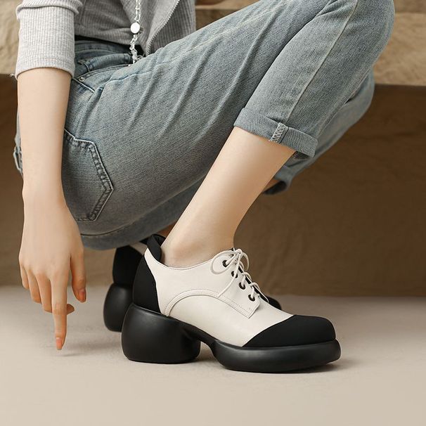 Sponge Cake Women's Round Toe Lace Up Soft Soled Single Shoes, 2025 New Autumn Color Blocked British Style Commuting_vogvips.com