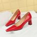 6186-1 Style Fashionable And Minimalist High Thick Heels, Shallow Mouth Square Head, Shiny Lacquer Leather Commuter_vogvips.com
