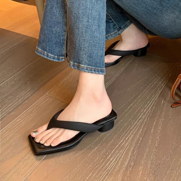 Large Size 41-43 Women's Slippers Outdoor Wear 2025 New Style Thick Heel Square Toe Clip-toe Casual Mid-heel Sandals For_vogvips.com