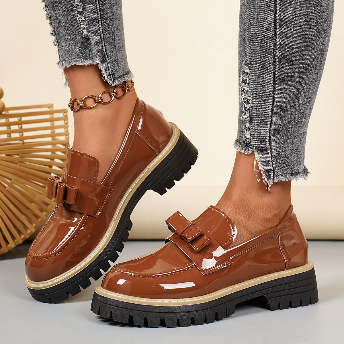 Women's Winter Leather Shoes Low Top Single Bowknot plus Size Platform Style in Stock_vogvips.com