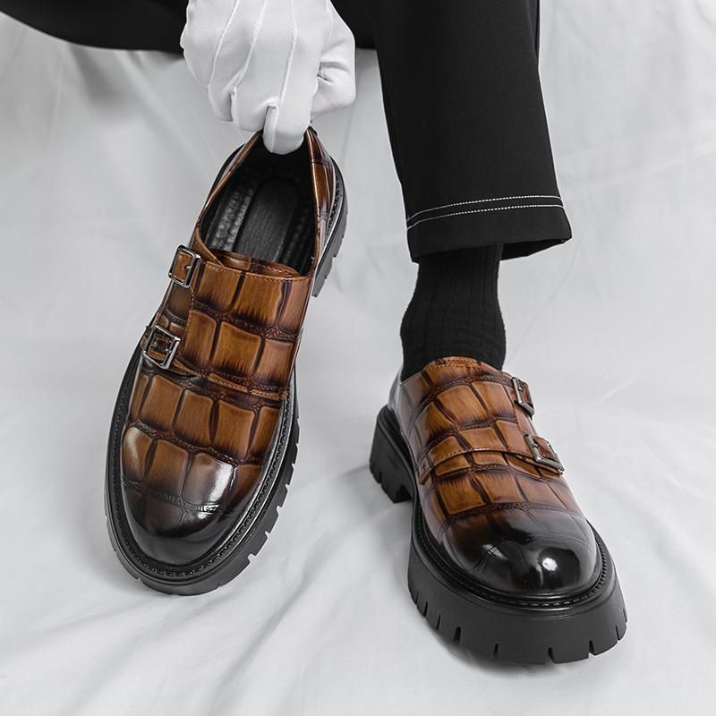 Glide 2025 Autumn New Large Double Needle Buckle Loafers For Men 38-46 Size Patent Leather Glossy Thick Heel Height Increasing_vogvips.com