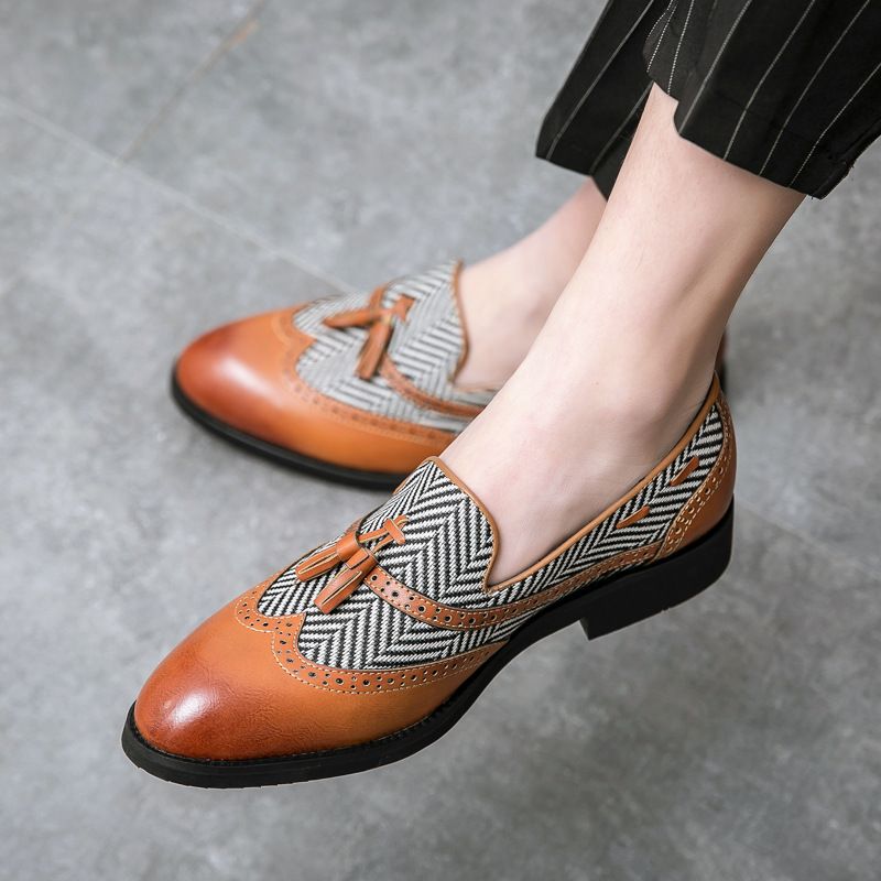 Euro Step Summer New Brogue Men's With Tassels, Breathable British Korean Style, Carved Casual Pointed Leather For Men,_vogvips.com