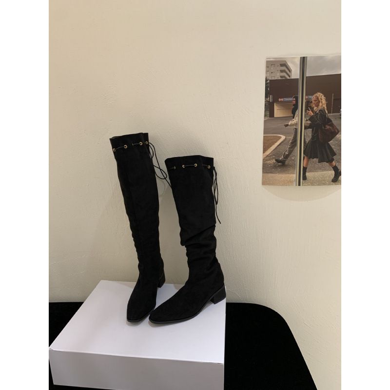 Super Legs~ Lace-Up Chunky Ruched Slouch For Women With Square Toe And High Heel Over-the-Knee Long Boots_vogvips.com