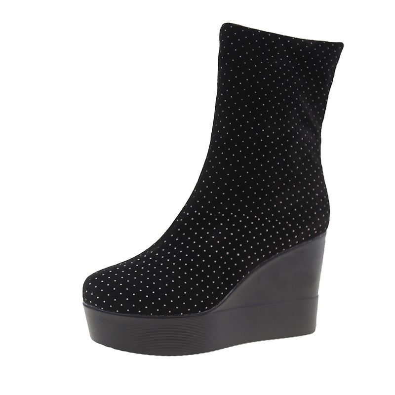 Plus Size Wedge Heel Slip On Fashion Boots,Suede Thick Sole, Winter Fleece Lined Ankle Boots, Women's Style Slim Boots._vogvips.com
