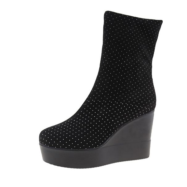Plus Size Wedge Heel Slip On Fashion Boots,Suede Thick Sole, Winter Fleece Lined Ankle Boots, Women's Style Slim Boots._vogvips.com