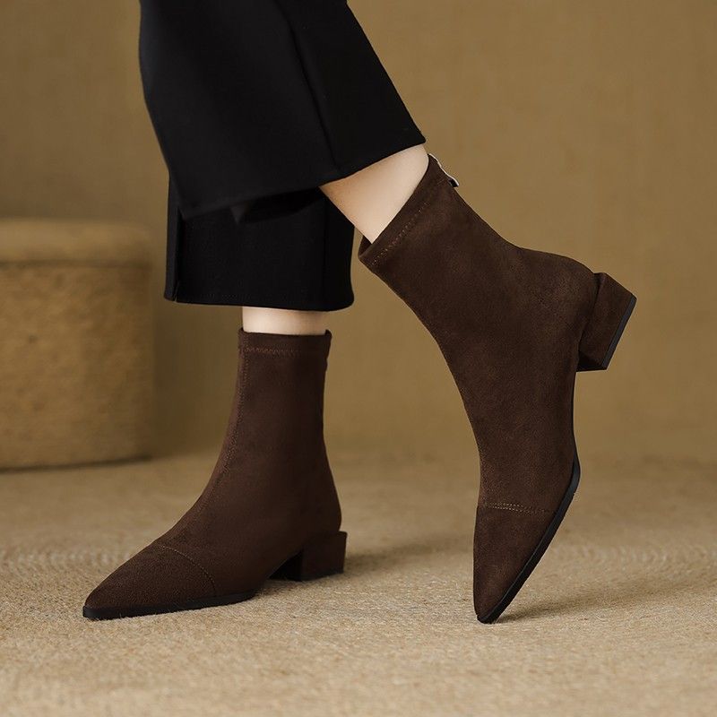 Women's Shoes New Autumn/Winter Elastic Slim Fit Boots With Back Zipper, Flat French Pointed Toe Ankle Boots_vogvips.com