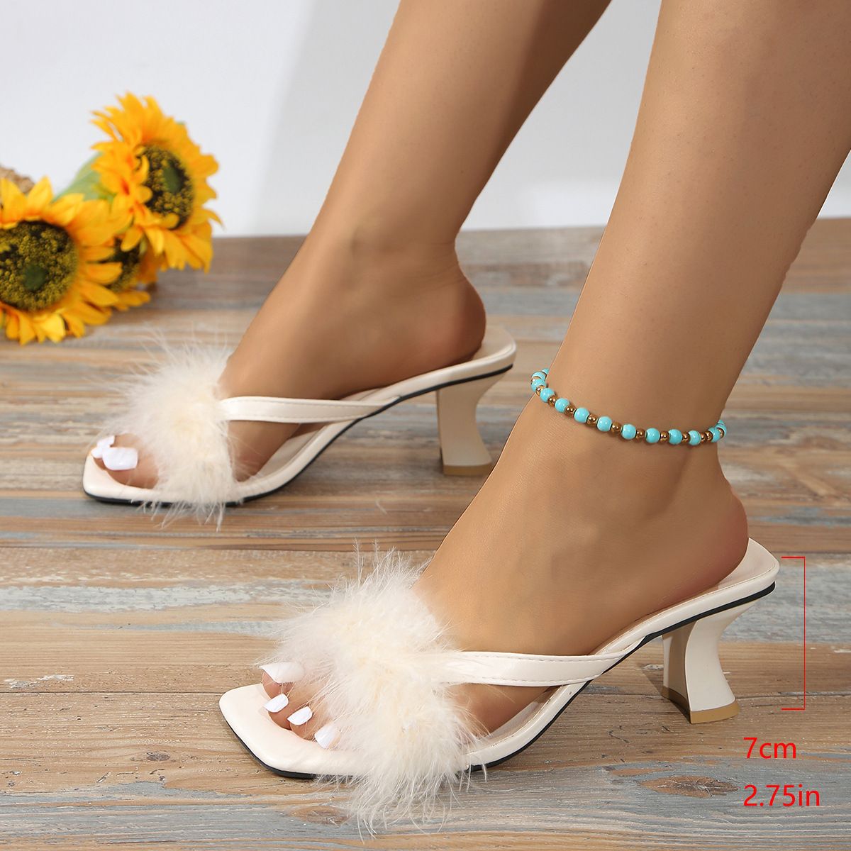 Summer New Herringbone Fur Slippers Large Size Stiletto High Heel Square Head Women's Fashionable Sandals European And American Style_vogvips.com