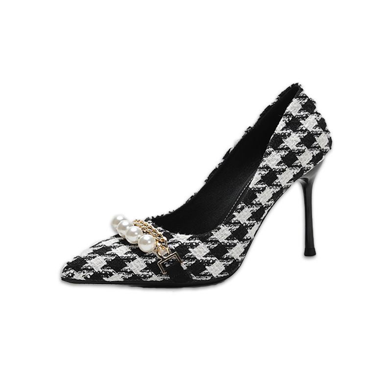 Xiaoxiangfeng High Heels Women, Autumn 2025 New Collection, Thousand Bird Grid, Sharp Head, Water Diamond, Fine Heels,_vogvips.com