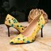 Women's High Heels Women's Fashionable Yellow Printed Simple Pointed Stiletto High Heels Single Shoes Women_vogvips.com