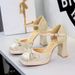 9899-H116 Women's Chunky Heel High Heels With Waterproof Platform, Suede Bow, Square Toe, Versatile Single Strap Hollow_vogvips.com