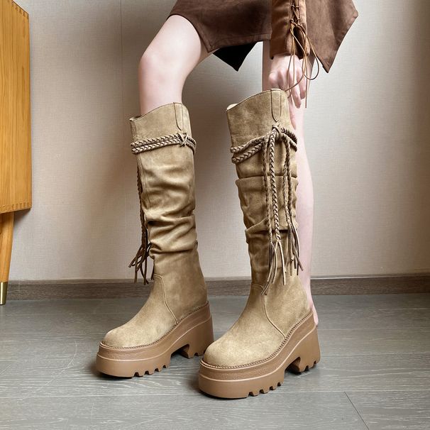 Western Style Height-Increasing Long For Women, Autumn And Winter, Petite Thick-Soled Pleated Over-the-Knee Tassel_vogvips.com