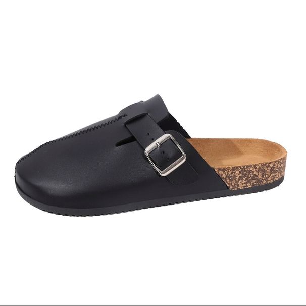 Men's Mules New Spring Retro Slip-On Casual Loafers Pu Upper Cork Grain Closed-Toe Half-Slip Flat Slippers With Adjustable Buckle_vogvips.com