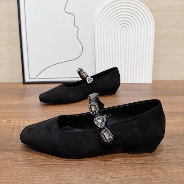 French Rhinestone Herringbone Velvet 2025 Single Shoe Women's New Low Heel Square Toe Temperament Mary Jane Shoes_vogvips.com