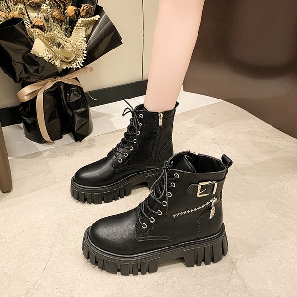 Platform Chunky Heel Lace-up 2024 Winter New British Style Versatile Belt Buckle Short Martin Boots For Women_vogvips.com