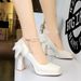 9982-H78TP French Small Fragrant Style Square Toe Waterproof Platform High Heels With Butterfly Bow, Pearl Chain,_vogvips.com