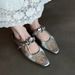 Silver Color Height Increasing Closed-Toe Shoes For Women With Square Toe, Sequins, Flower, One-Strap, And Ruched Design_vogvips.com