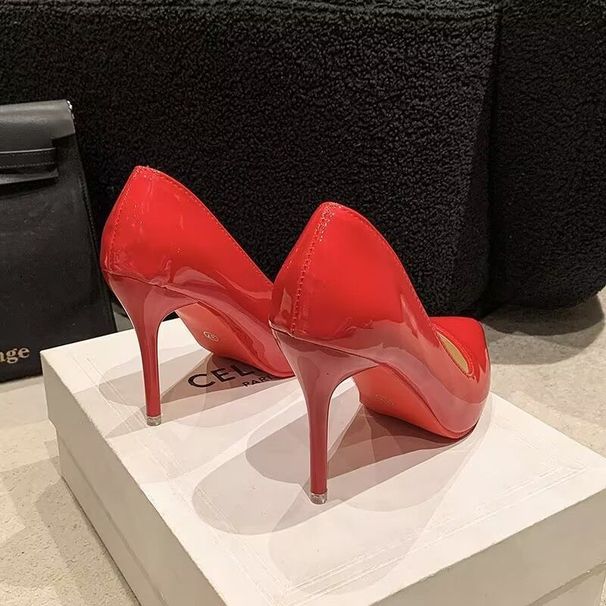 Red Sole Black High Heels Thin 2025 New Sexy 8CM Patent Leather Pointed Toe Professional Shallow Mouth Single Shoes Nude_vogvips.com