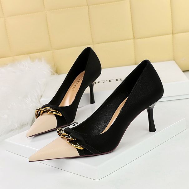 Women S Banquet High Stiletto Heels Shallow Mouth Color Matching Pointed Metal Chain Decoration Women Shoes_vogvips.com