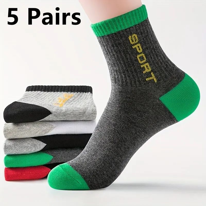5Pairs Mens Cotton Sports Spring And Autumn Leisure Sweat Absorbent Comfortable Breathable Basketball Socks Meias EU_vogvips.com