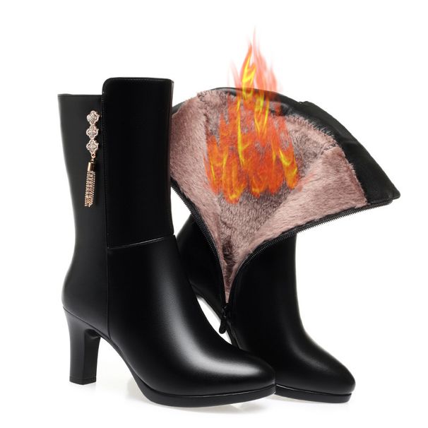 High Heel For Women Winter New Style Middle-aged Ladies Cotton Fashion Fleece-lined Mid Soft Leather Mom Shoes Mid-calf_vogvips.com
