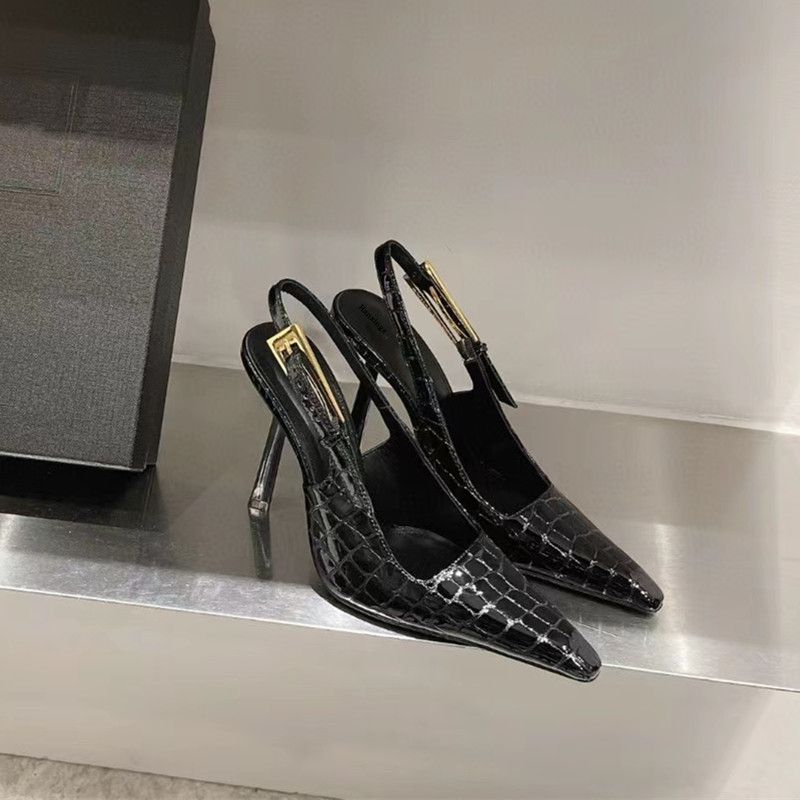 High Heels Crocodile Pattern Elegant Socialite Black Patent Leather Metal Buckle Women's Shoes Small Square Stiletto_vogvips.com