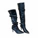 Black Pointed-Toe Long Boots For Women, Versatile, With Pleated Details, Belt Buckle, Wide Shaft, And Stiletto Heel_vogvips.com